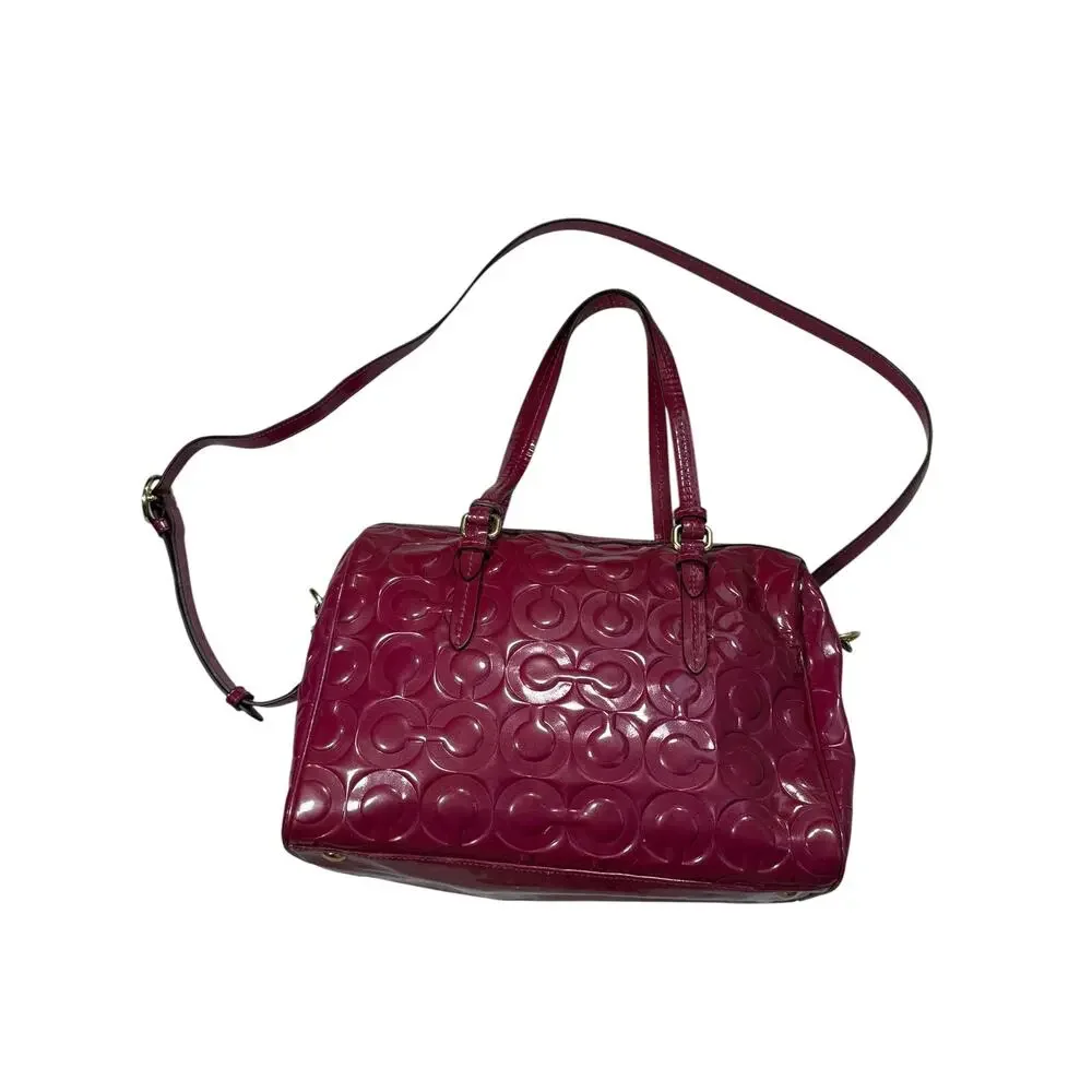 Coach Peyton OP Art Satchel Bag Shimmer Berry Logo Embossed
